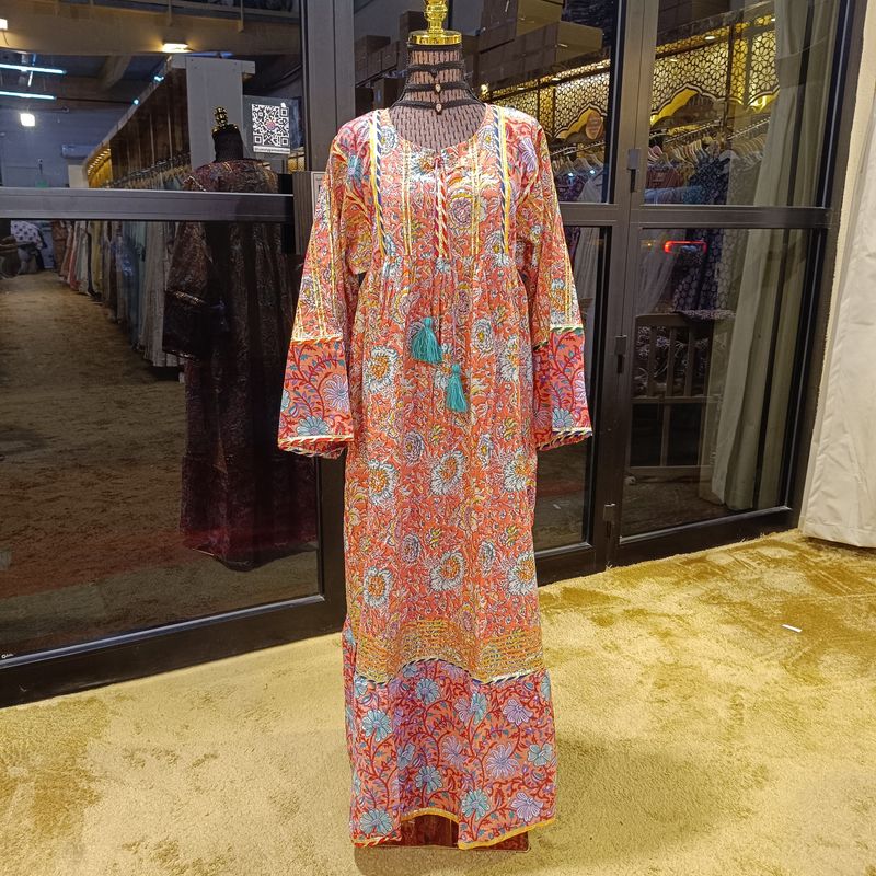 L/XL Ebrah Printed Cotton Dress 57" Long Jalabiya