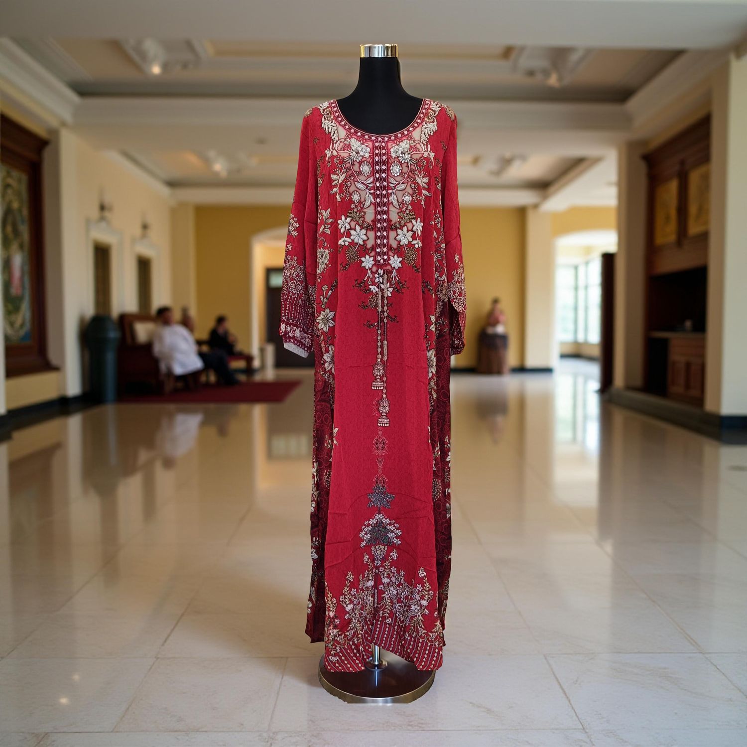 XS-S Digital Dress Printed Silky Hand Embroidery  54" Long Jalabiya