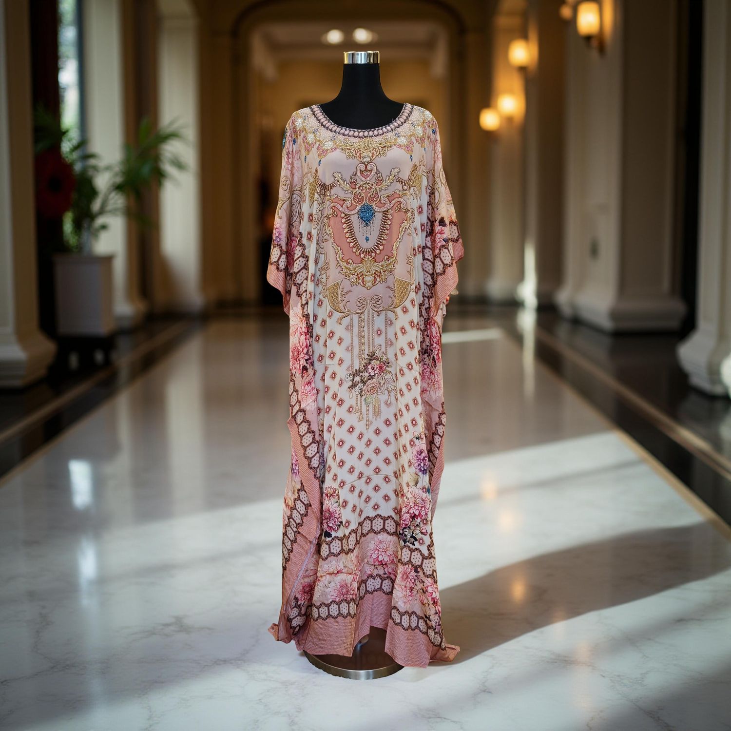 XXL Digital Dress Kaftan Printed Silky Hand Embroidery  60" Long Jalabiya