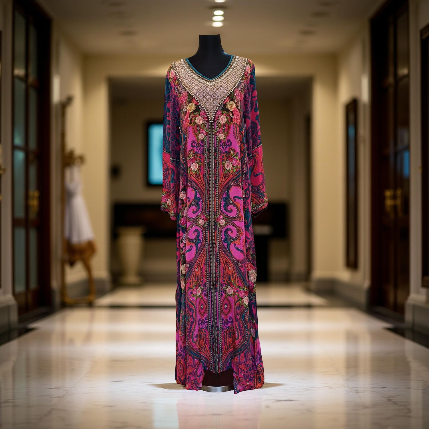 XS-S Digital Dress Printed Silky Hand Embroidery  54" Long Jalabiya