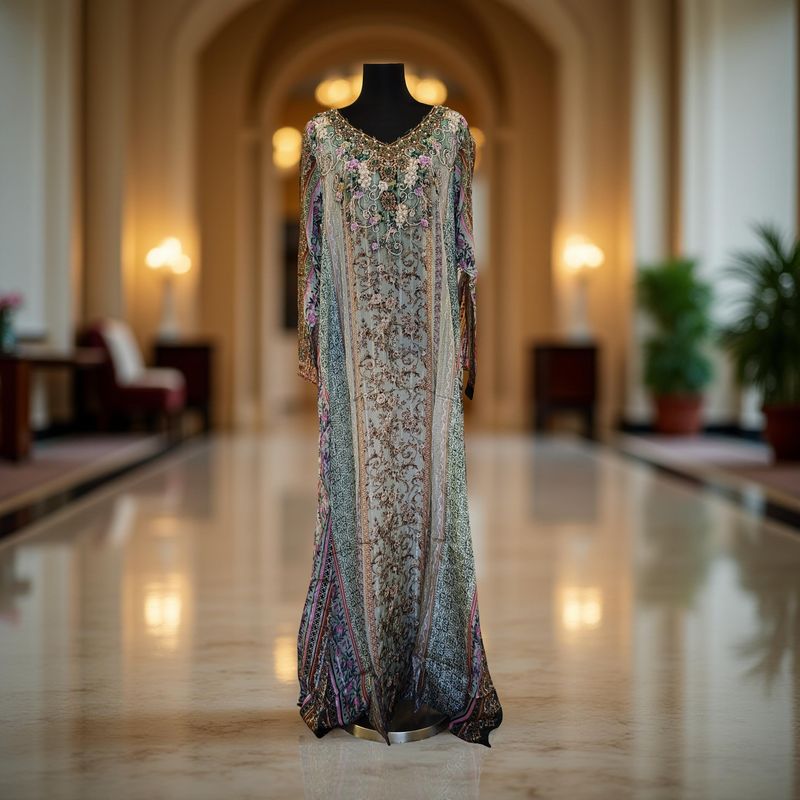 XS-S Digital Dress Printed Silky Hand Embroidery  54" Long Jalabiya