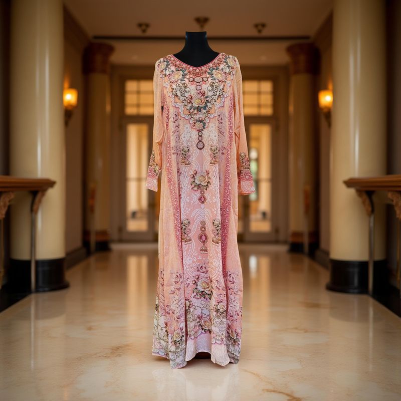 XL Digital Dress Printed Silky Hand Embroidery  57" Long Jalabiya