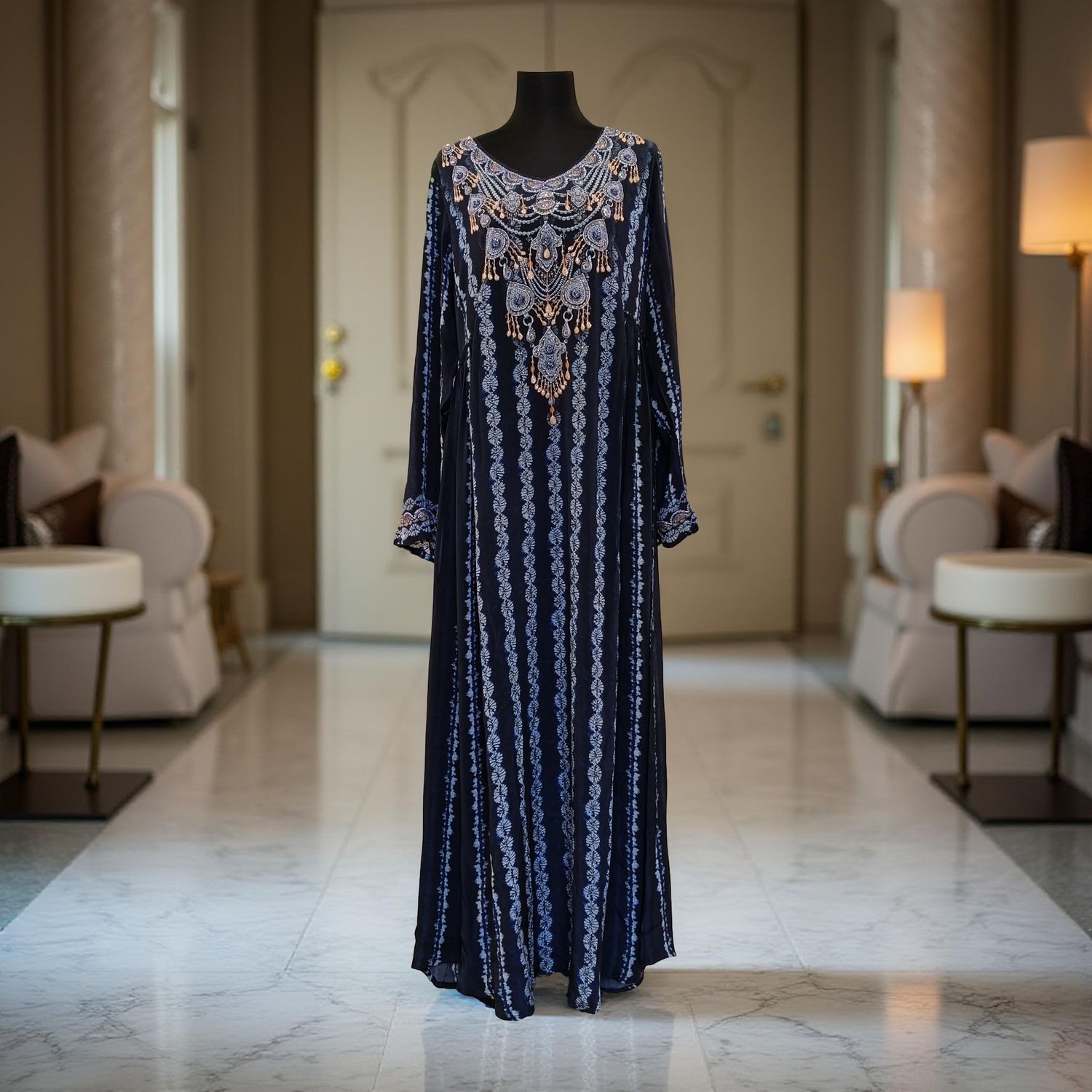 L Digital Dress Printed Silky Hand Embroidery  57" Long Jalabiya