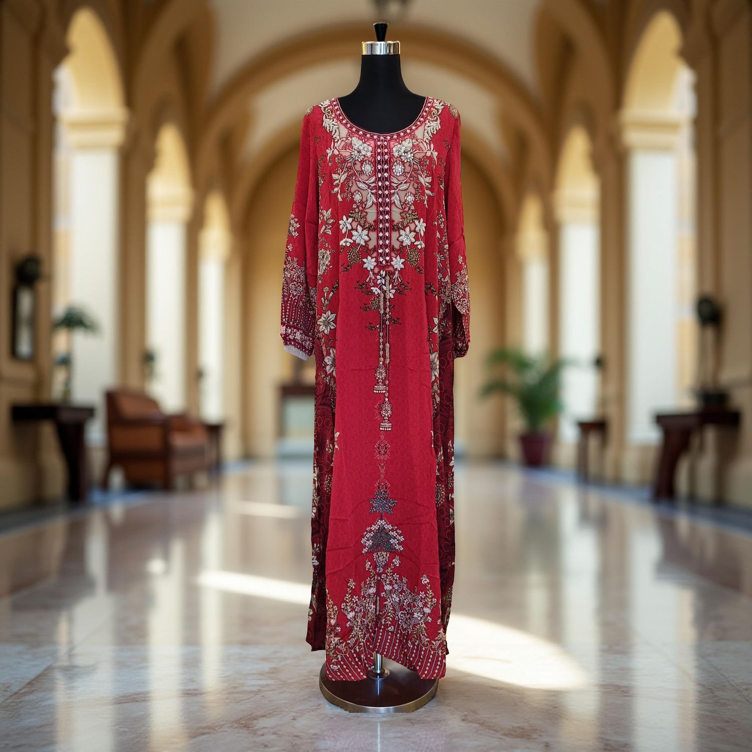 S Digital Dress Printed Silky Hand Embroidery  57" Long Jalabiya