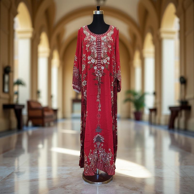 S Digital Dress Printed Silky Hand Embroidery  57" Long Jalabiya