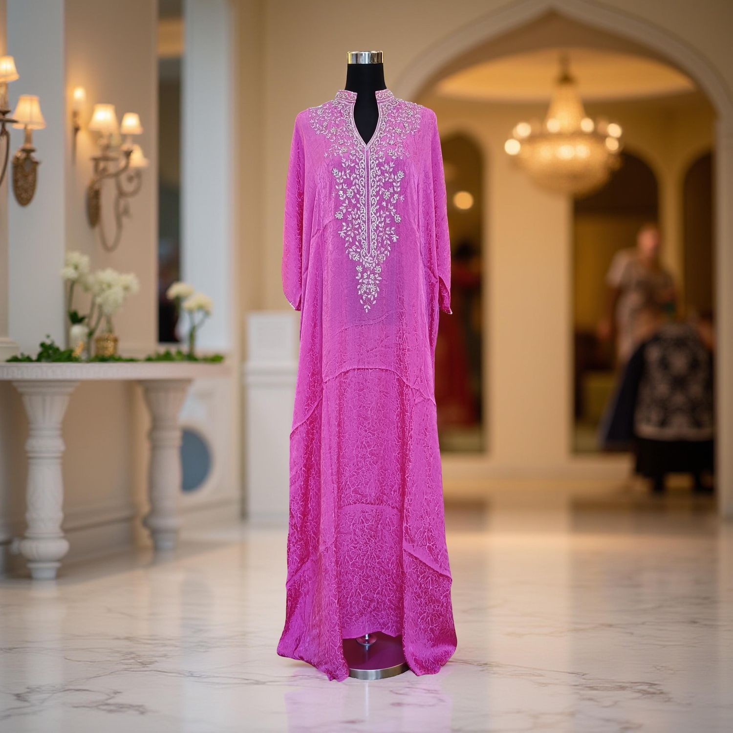 Free Size Digital Dress Kaftan Printed Silky Hand Crystal 60" Long Jalabiya