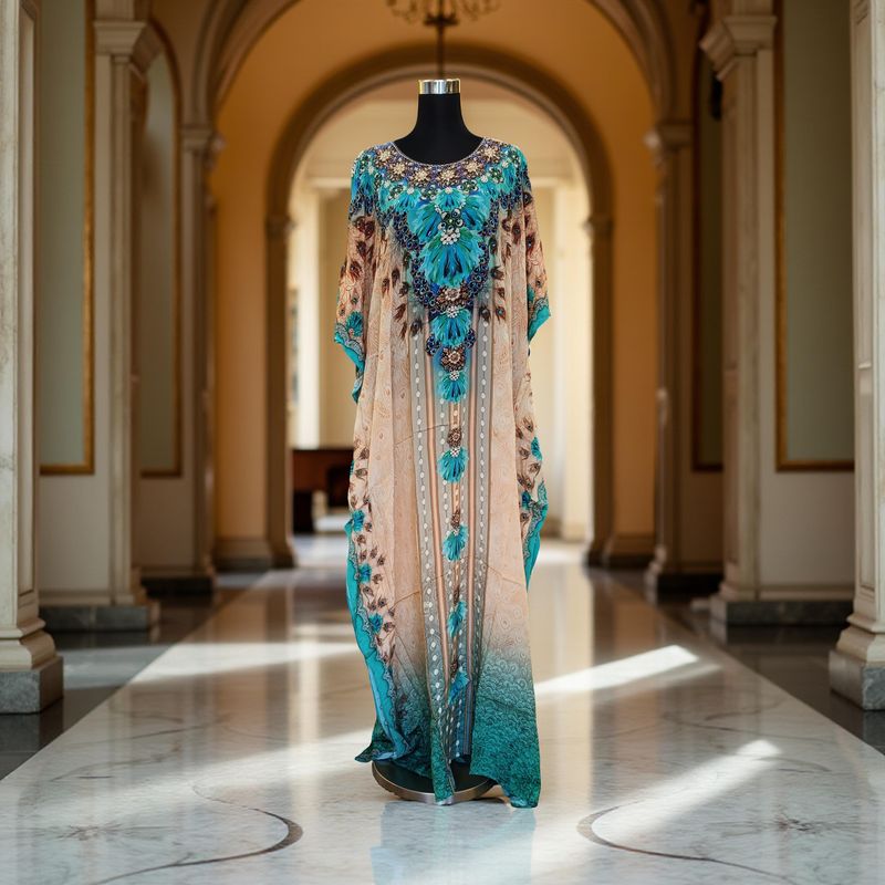 S-M Digital Dress Kaftan Printed Silky Hand Embroidery  60" Long Jalabiya