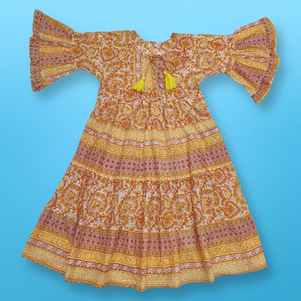 1-2 Year Gaby Crystal Yellow Printed Cotton Girls Dress 26" Long Jalabiya