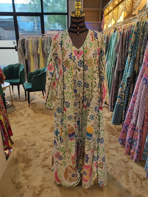 S/M Meher Crystal White Printed Cotton Dress 56" Long Jalabiya