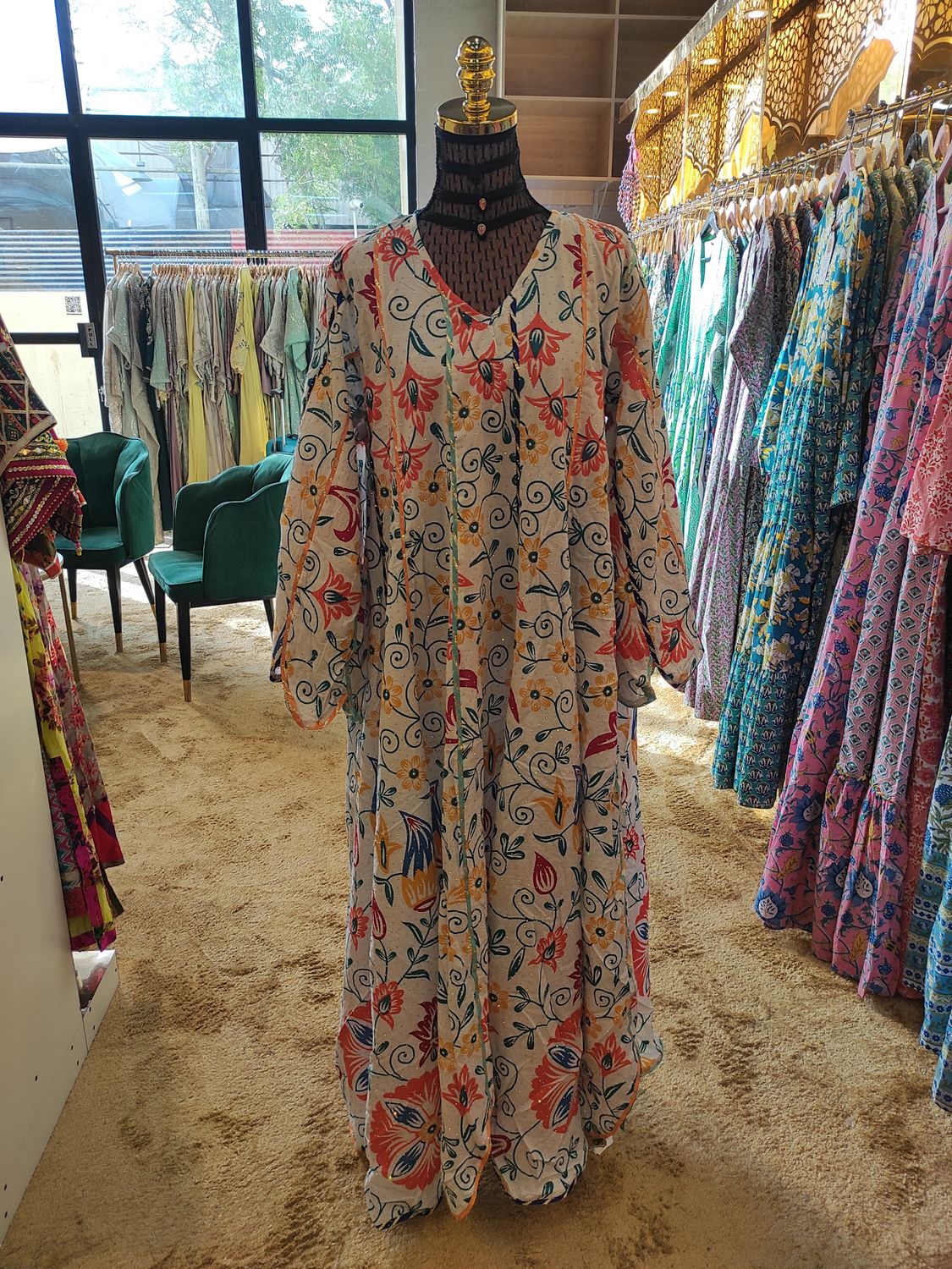 L/XL   Meher Crystal White Cotton Dress 56" Long Jalabiya