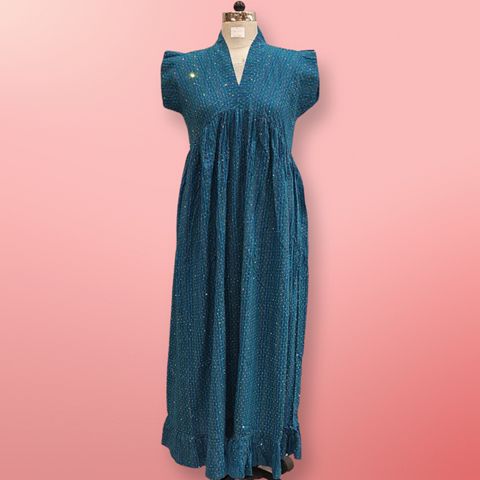 S/M Amani Crystal Blue Solid Cotton Dress 56" Short Sleeves Jalabiya