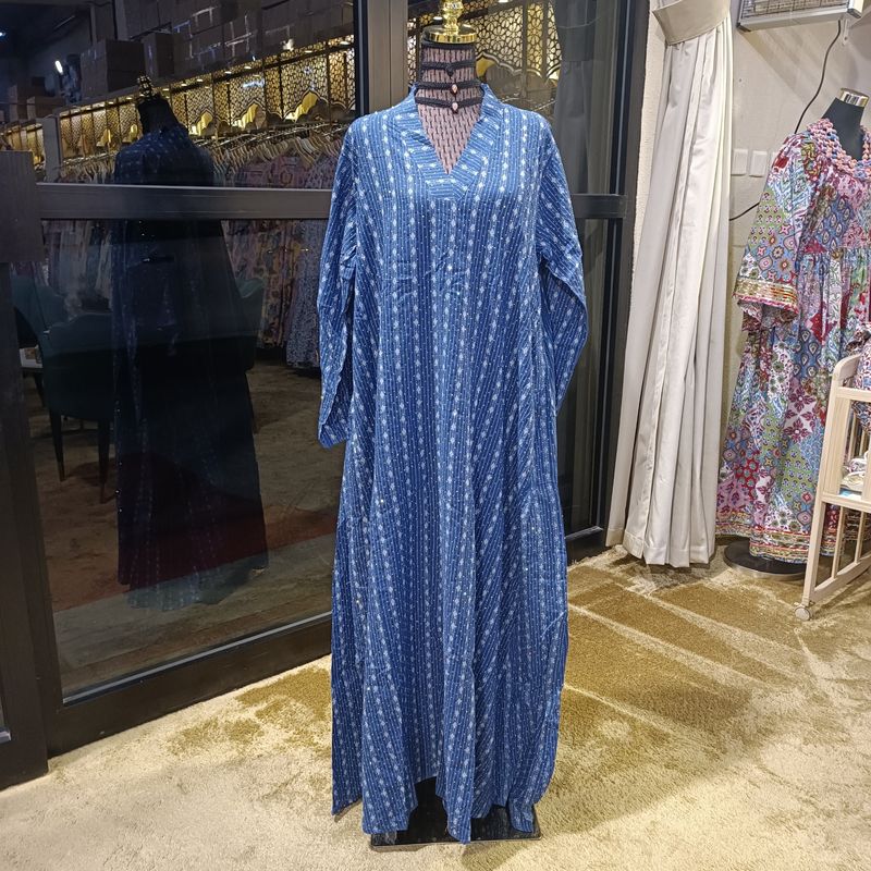 S/M Teena Crystal Blue Cotton Dress 56" Long Jalabiya