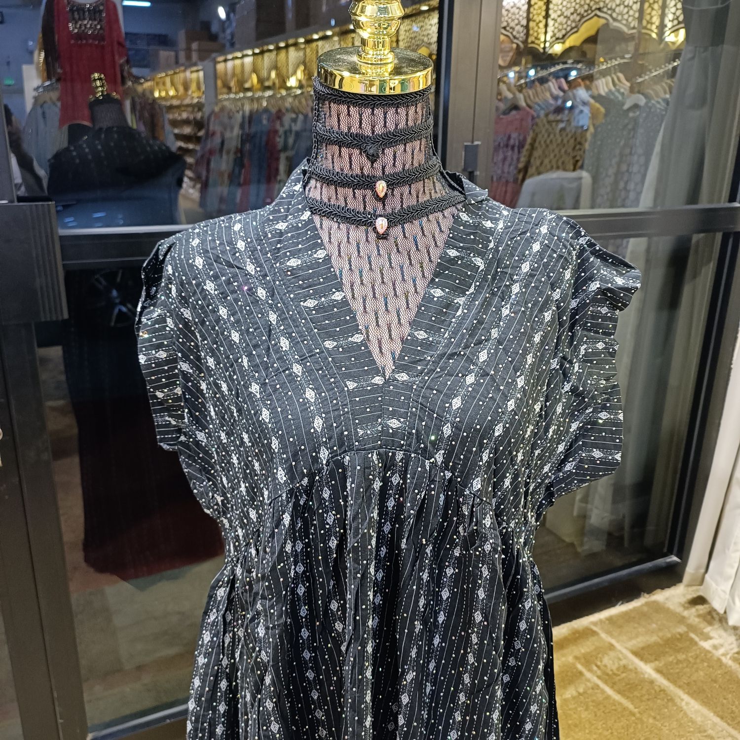 XS/S Amani Crystal Black  Printed Cotton Dress 54" Short Sleeves Jalabiya