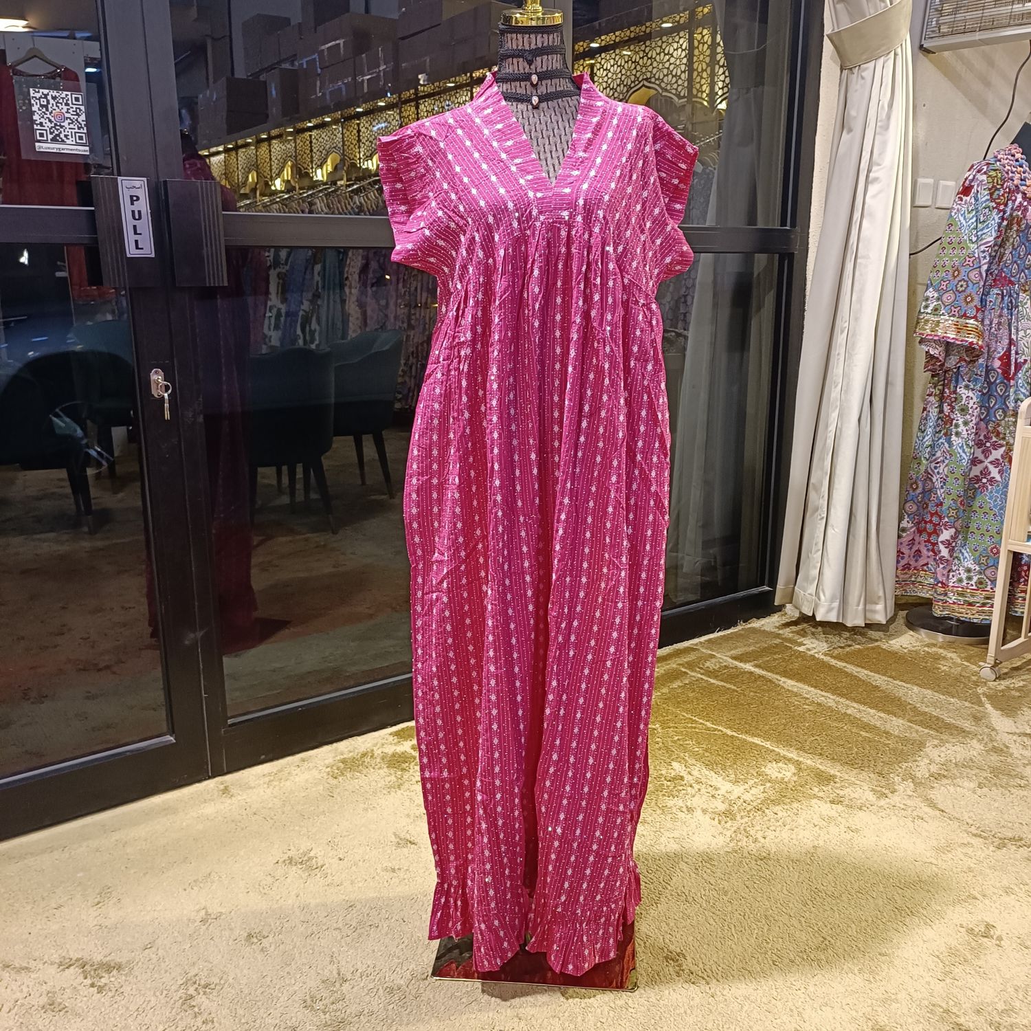 L/XL Amani Crystal Green Plain Solid Cotton Dress 56" Short Sleeves Jalabiya