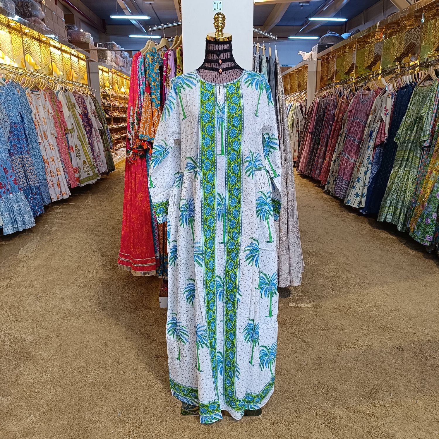 S/M Bhopali Crystal Printed And Hand work Cotton Dress 57" Long Jalabiya