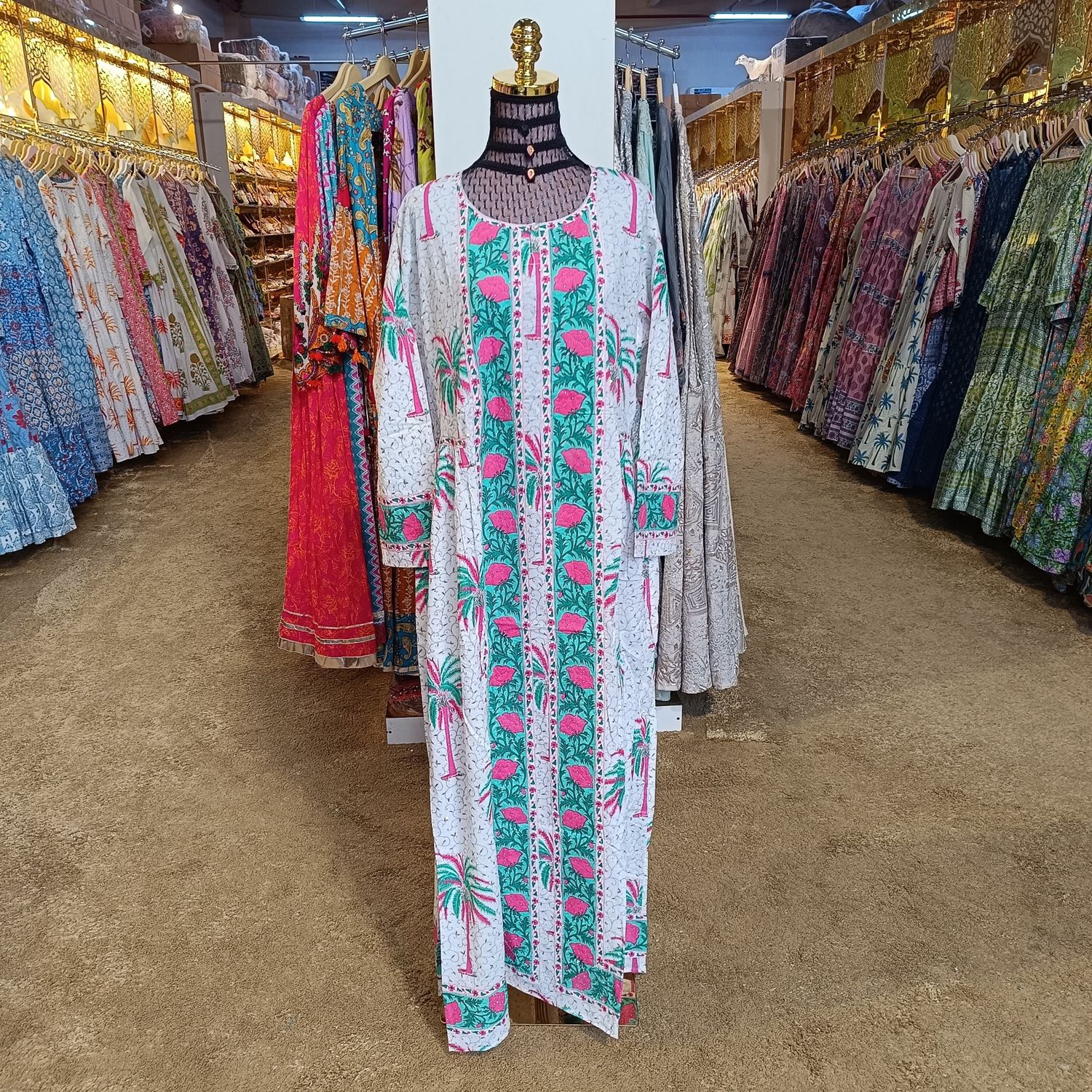 S/M Bhopali Crystal Printed And Hand work Cotton Dress 57" Long Jalabiya