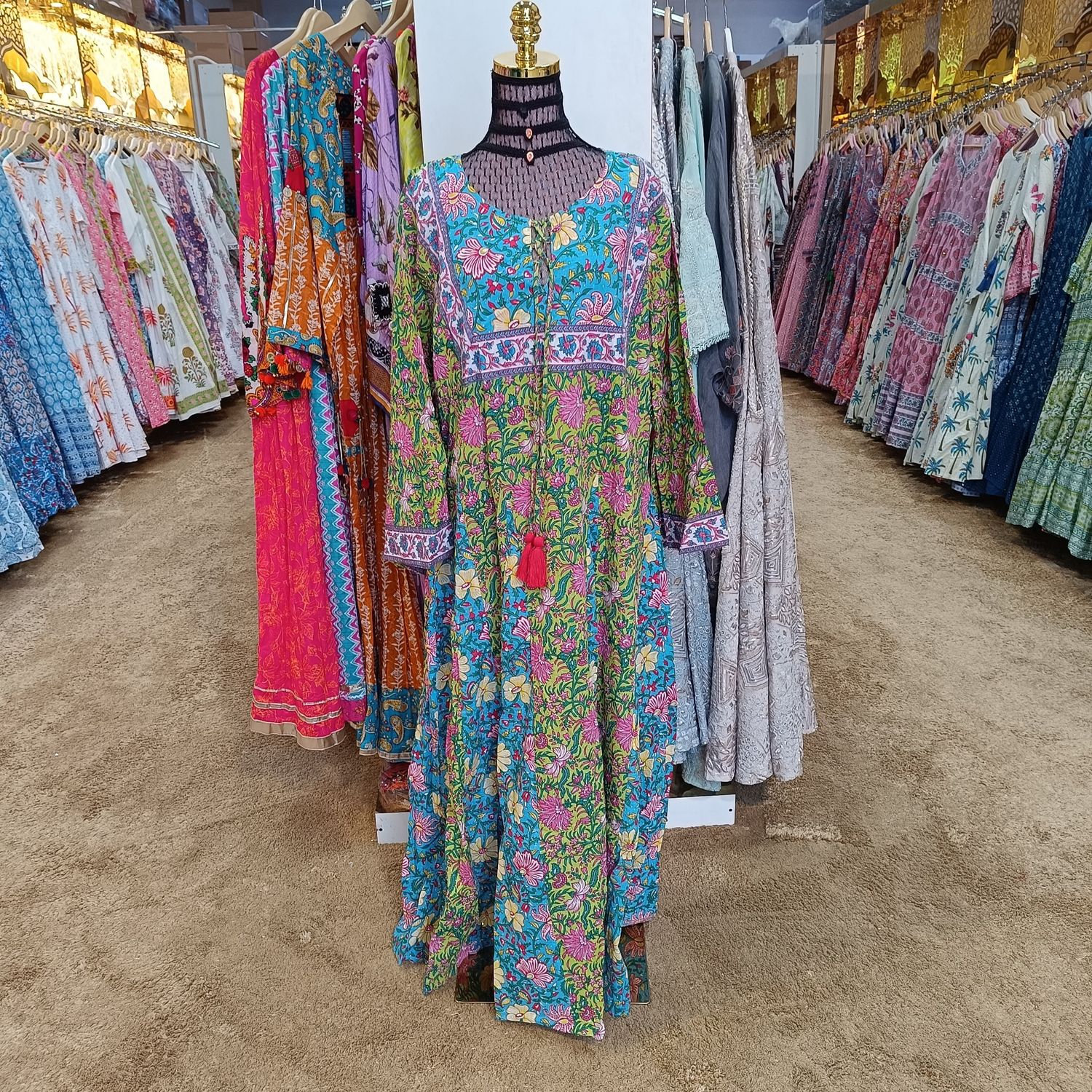 L/XL Anaya Crystal Blue Printed Cotton Dress 57" Long Jalabiya