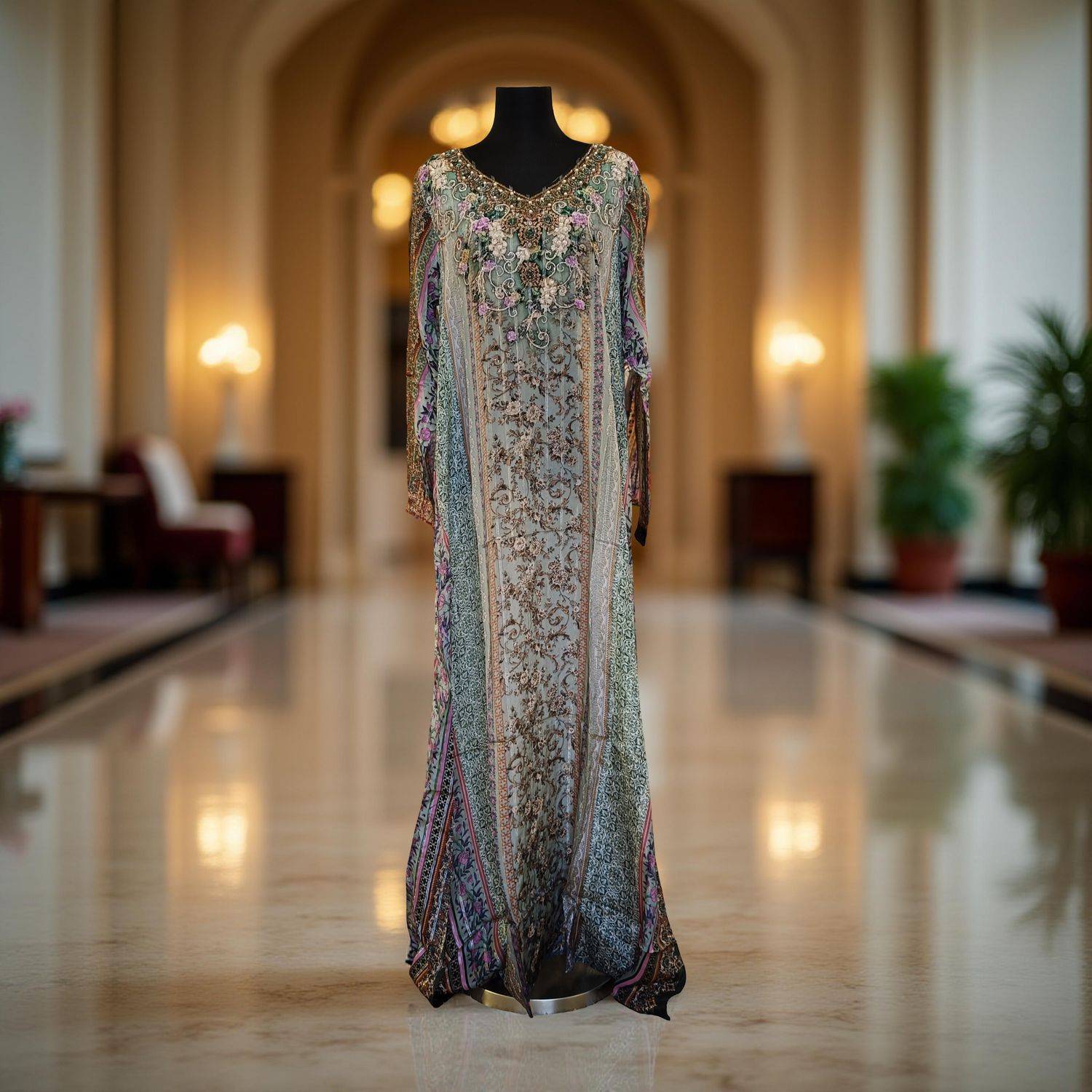 XS-S Digital Dress Printed Silky Hand Embroidery  54" Long Jalabiya