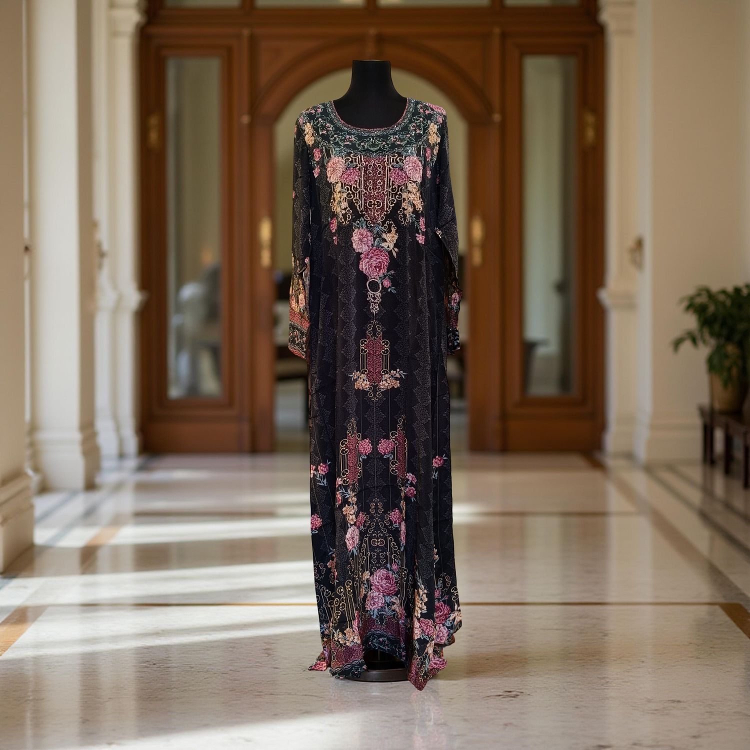 XS-S Digital Dress Printed Silky Hand Embroidery  54" Long Jalabiya