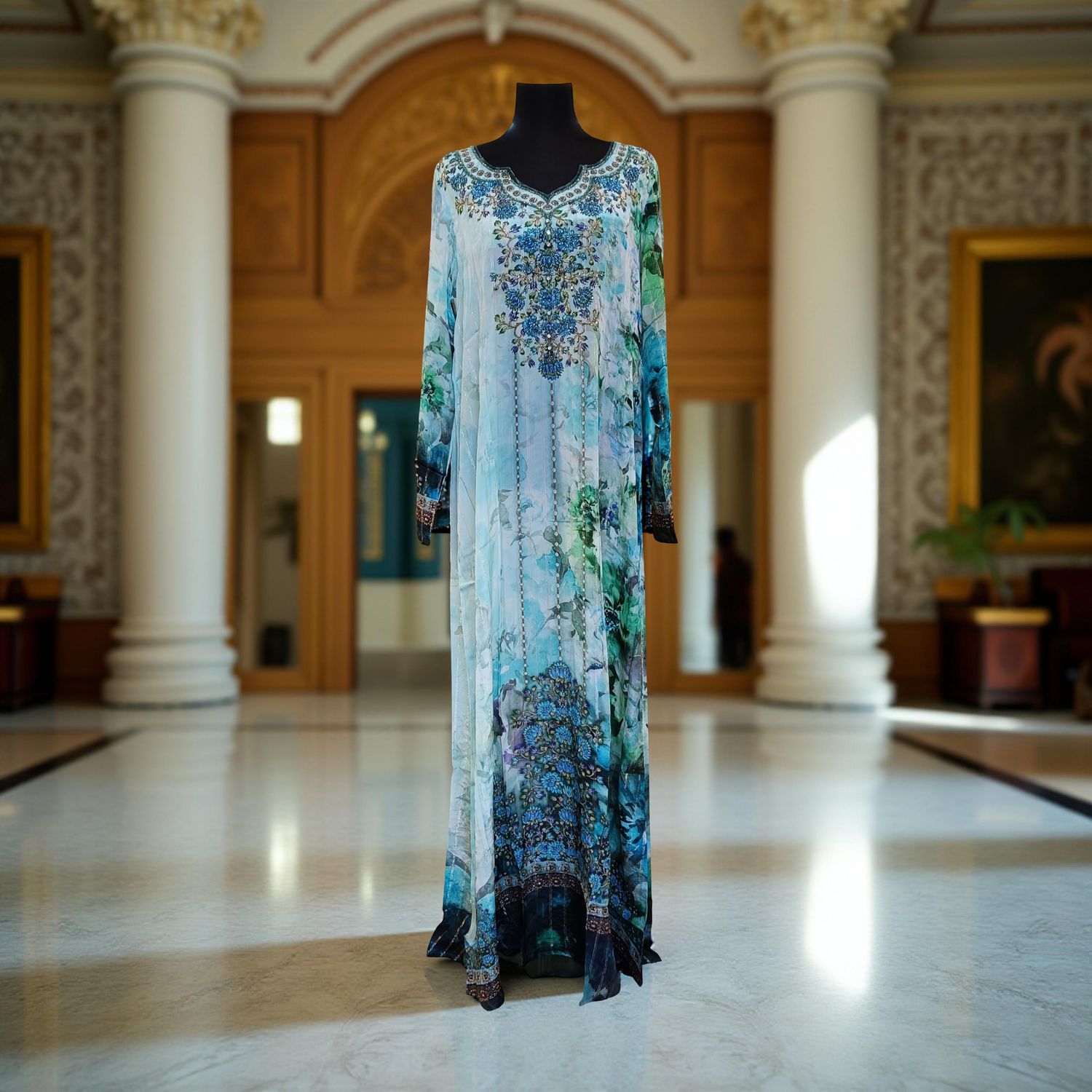 XS-S Digital Dress Printed Silky Hand Embroidery  54" Long Jalabiya