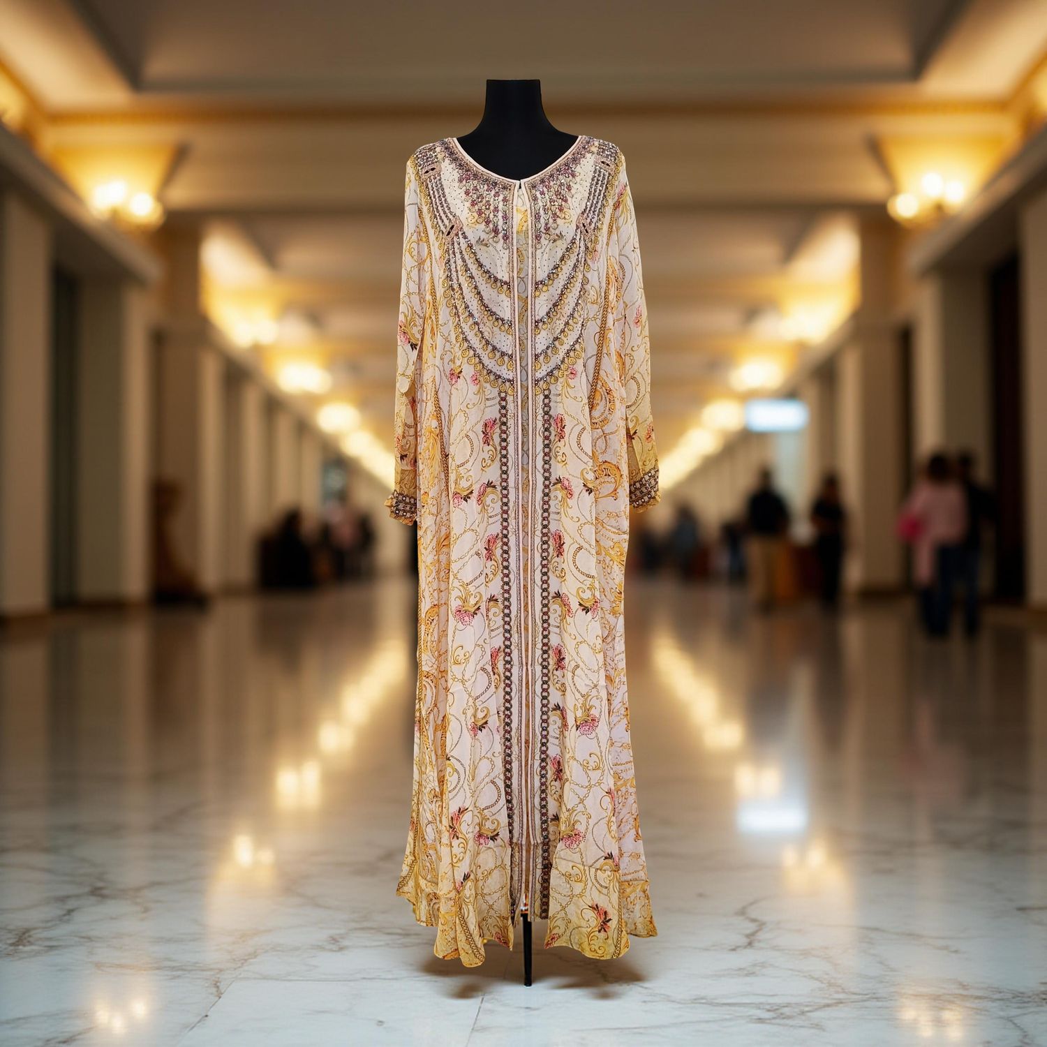 XL Digital Dress Printed Silky Hand Embroidery  57" Long Jalabiya 2 Pcs