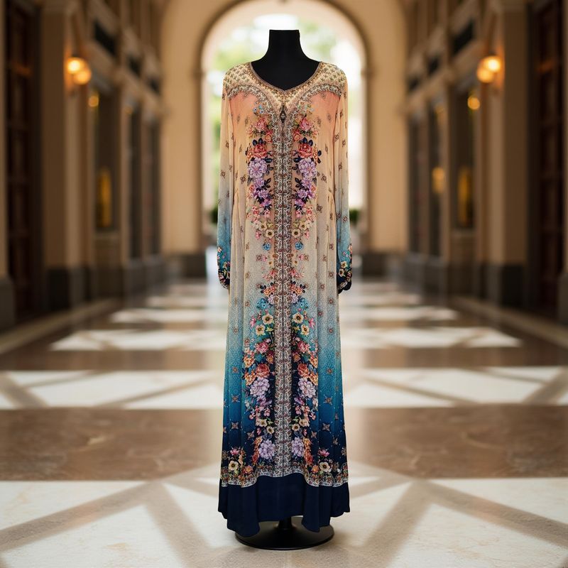 XL Digital Dress Printed Silky Hand Embroidery  57" Long Jalabiya