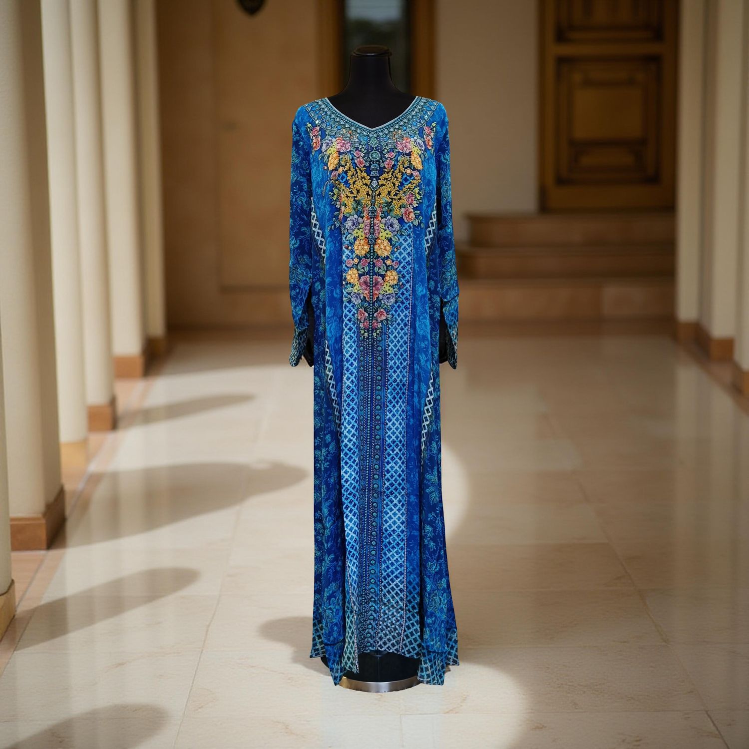 XL Digital Dress Printed Silky Hand Embroidery  57" Long Jalabiya