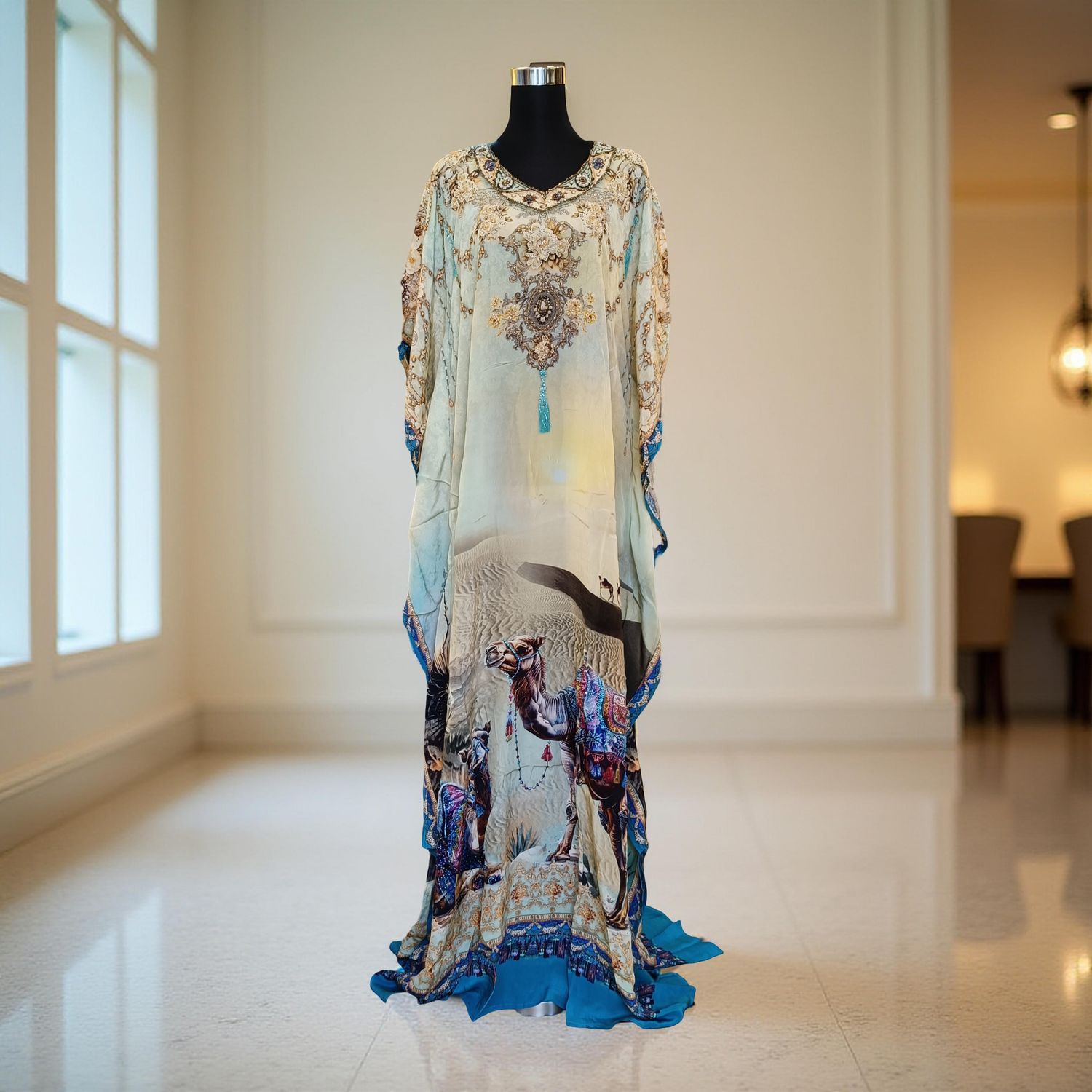 S-M Digital Dress Kaftan Printed Silky Hand Embroidery  60" Long Jalabiya