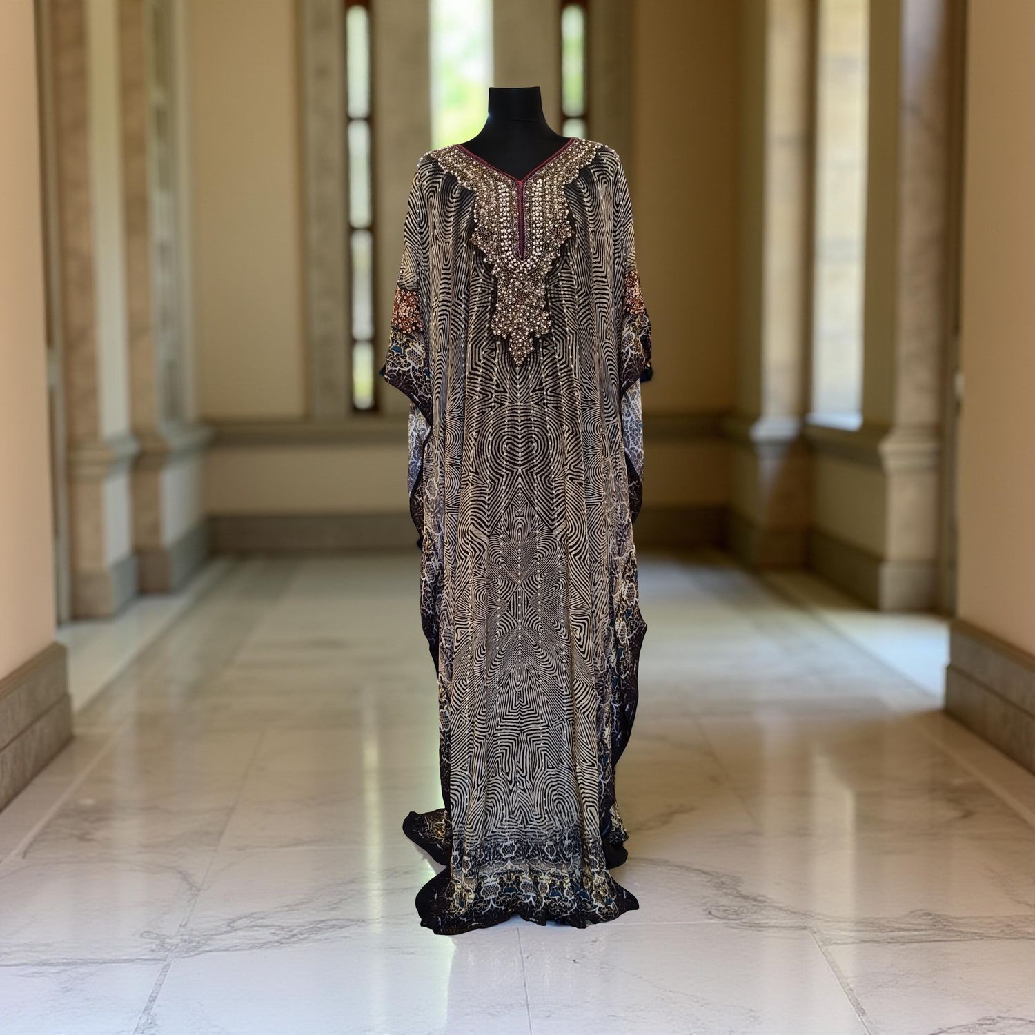 XL Digital Dress Kaftan Printed Silky Hand Embroidery  57" Long Jalabiya