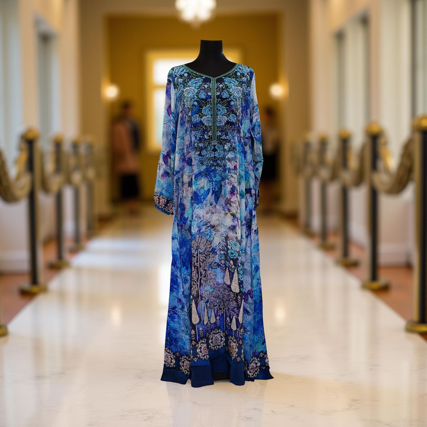 XS-S Digital Dress Printed Silky Hand Embroidery  54" Long Jalabiya