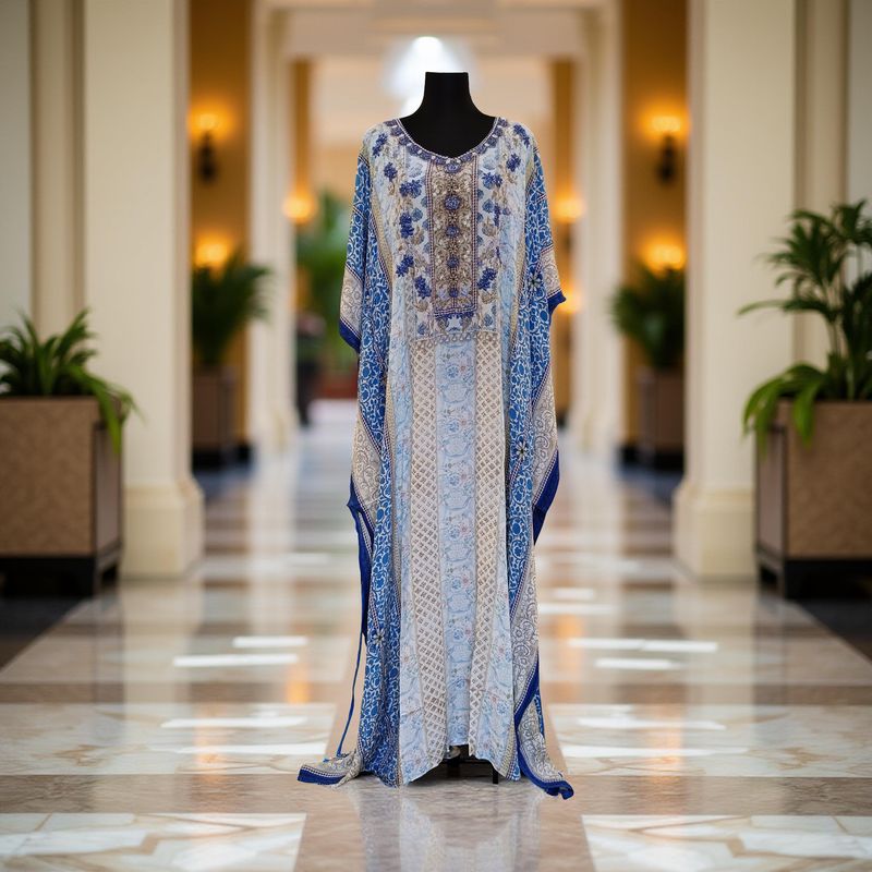 XL Digital Dress Kaftan Printed Silky Hand Embroidery  57" Long Jalabiya