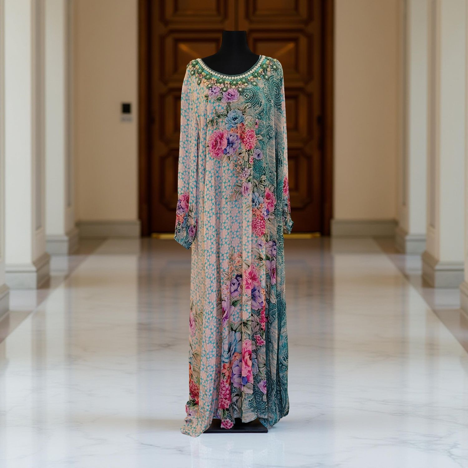 XL Digital Dress Printed Silky Hand Embroidery  57" Long Jalabiya