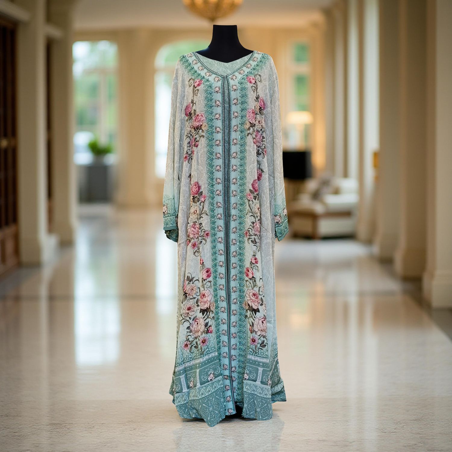 XXL Digital Dress Printed Silky Hand Embroidery  57" Long Jalabiya 2 Pcs