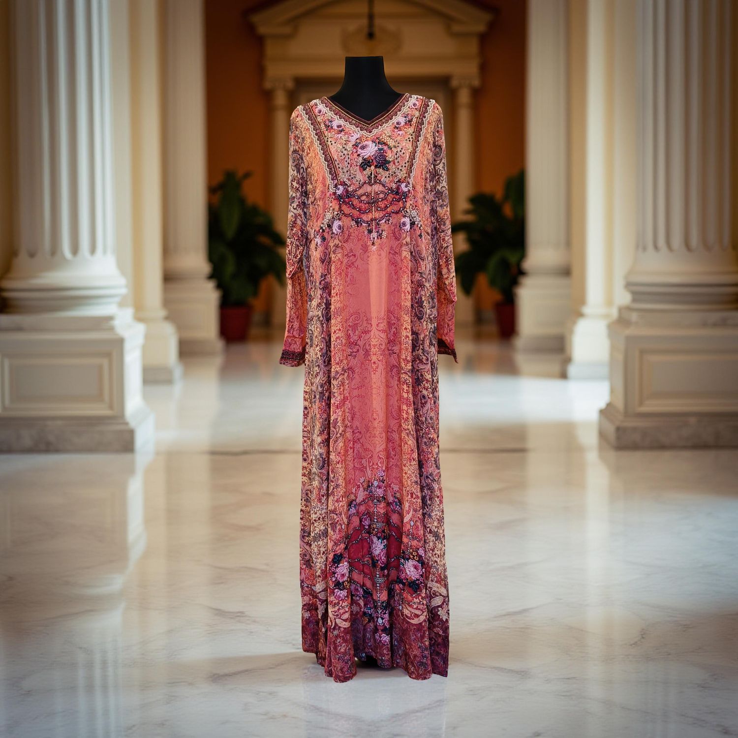 L Digital Dress Printed Silky Hand Embroidery  57" Long Jalabiya