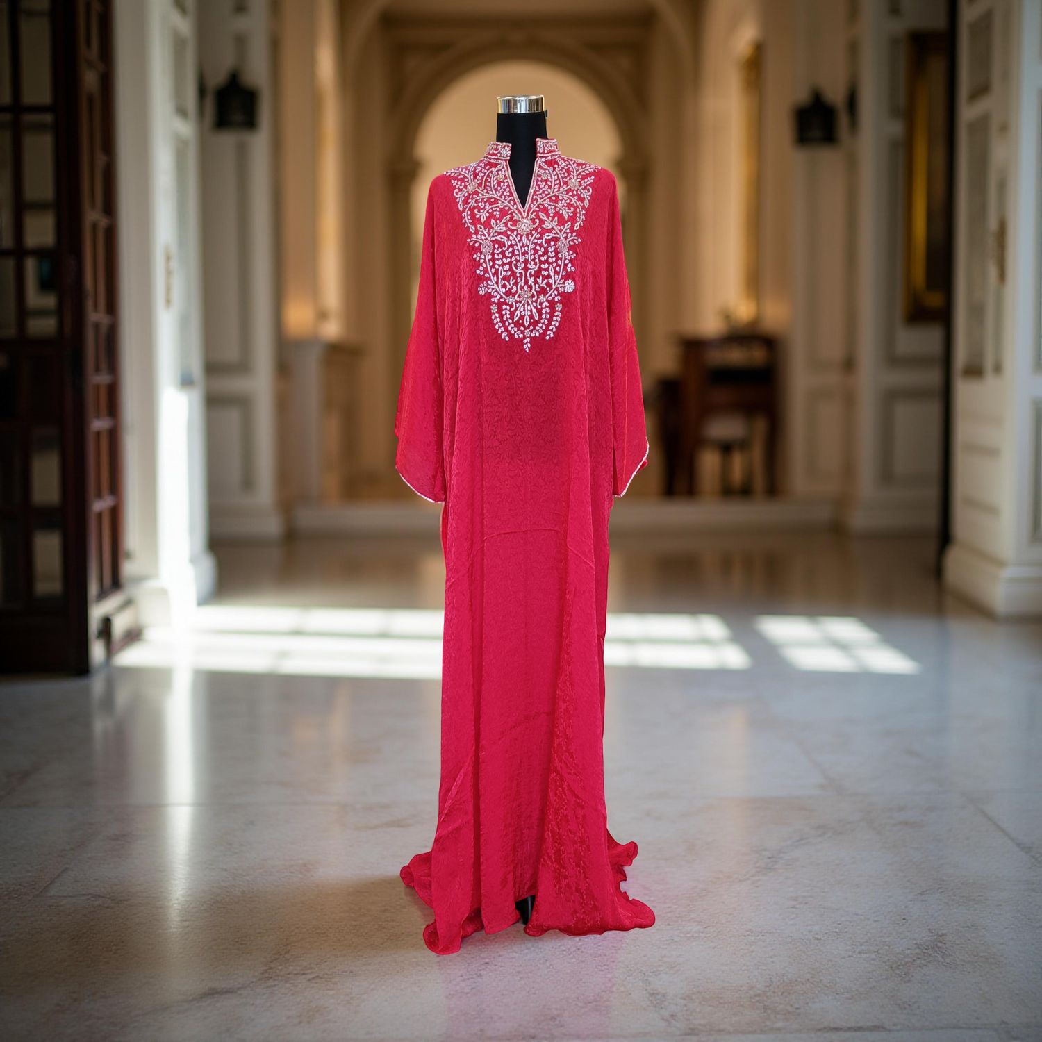 Free Size Digital Dress Kaftan Printed Silky Hand Crystal 60" Long Jalabiya