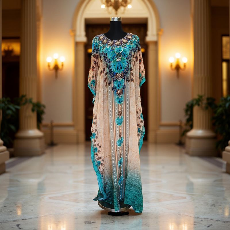 L-XL Digital Dress Kaftan Printed Silky Hand Embroidery  60" Long Jalabiya