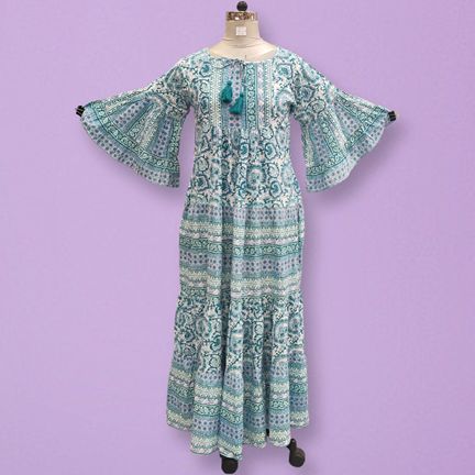 L/XL Gaby Crystal Green Printed Cotton Dress 57" Long Jalabiya