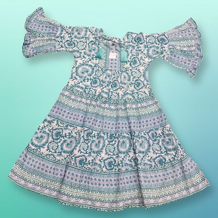 4-5 Year Gaby Crystal Green Printed Cotton Girls Dress 34" Long Jalabiya