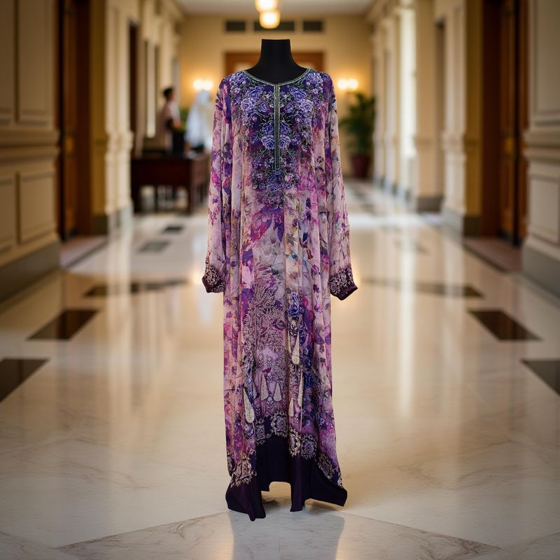 XS-S Digital Dress Printed Silky Hand Embroidery  54" Long Jalabiya