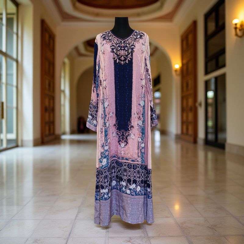 L Digital Dress Printed Silky Hand Embroidery  57" Long Jalabiya