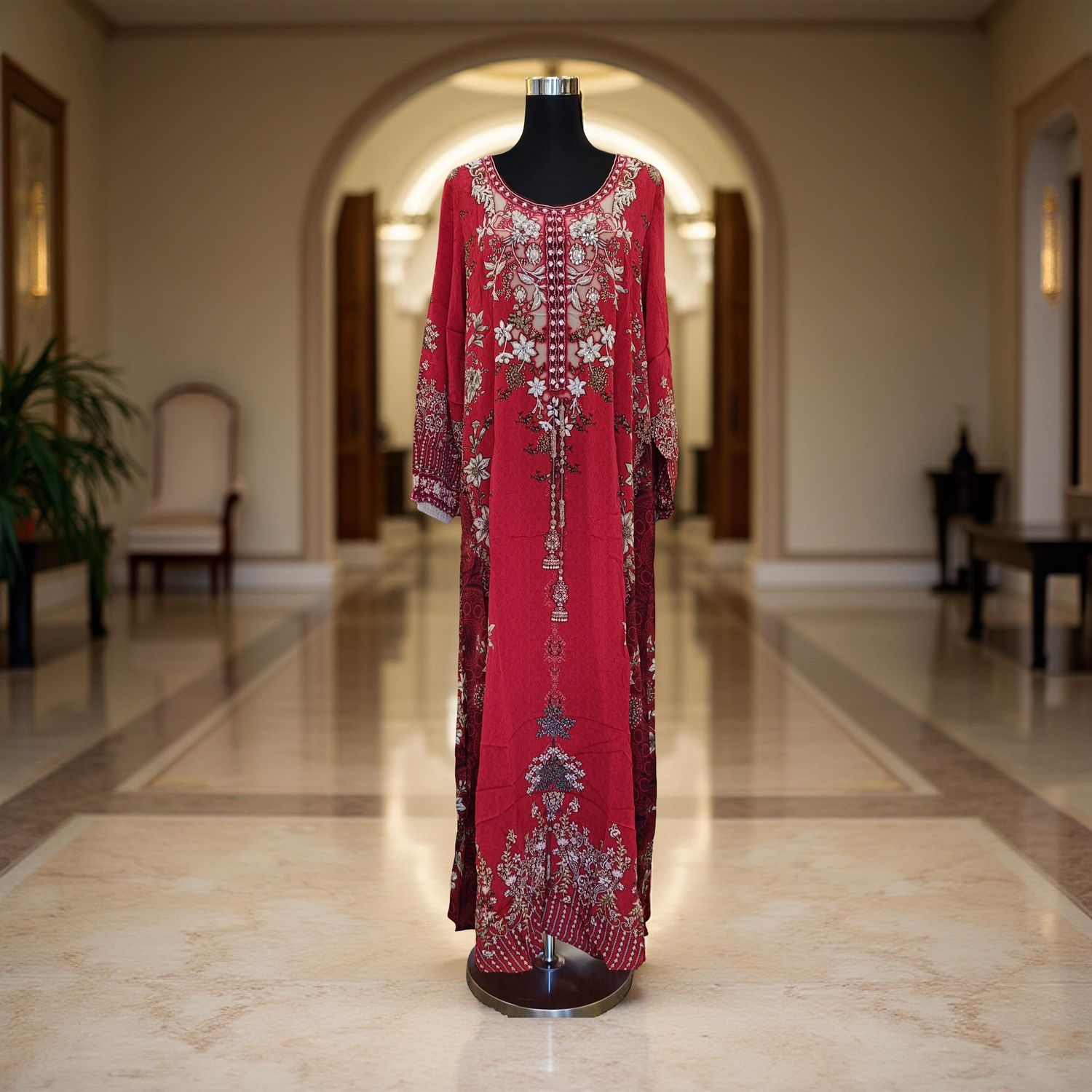 XXL Digital Dress Printed Silky Hand Embroidery  57" Long Jalabiya