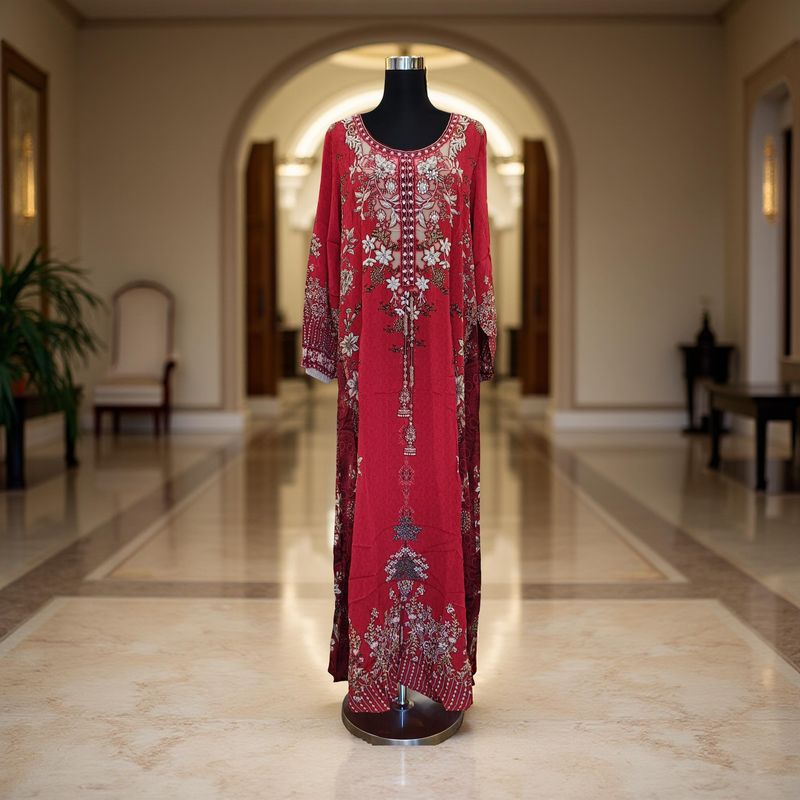 XXL Digital Dress Printed Silky Hand Embroidery  57" Long Jalabiya