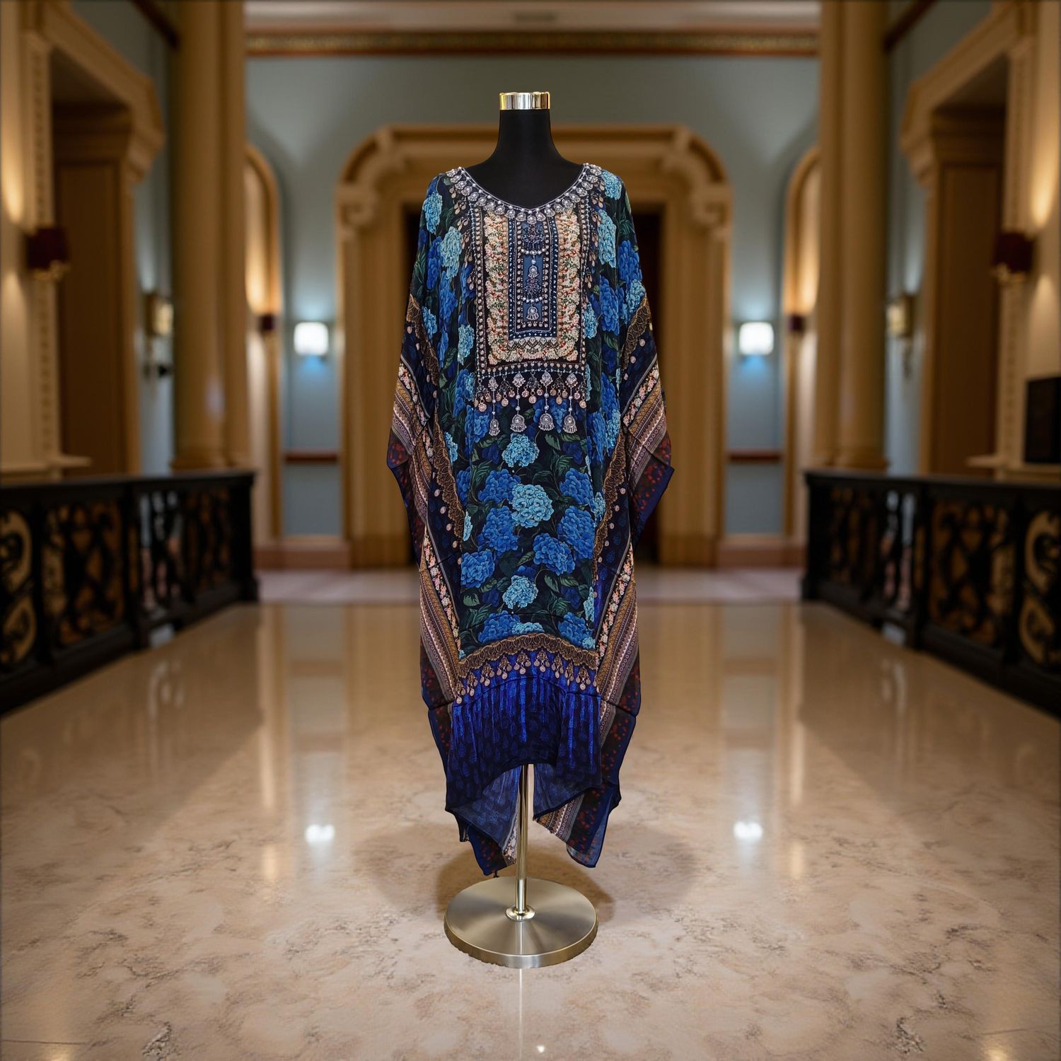 S-M Digital Dress Kaftan Short Printed Silky Hand Embroidery  47" Short Jalabiya