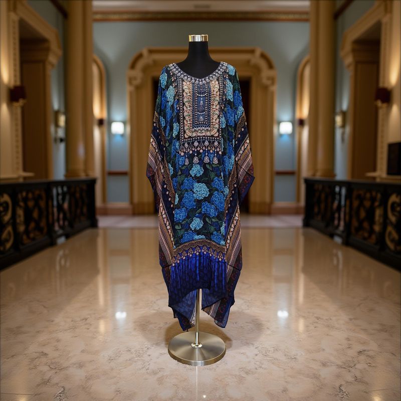 S-M Digital Dress Kaftan Short Printed Silky Hand Embroidery  47" Short Jalabiya