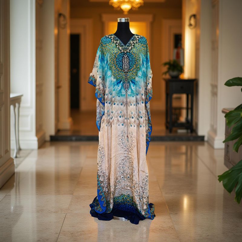 L-XL Digital Dress Kaftan Printed Silky Hand Embroidery  60" Long Jalabiya