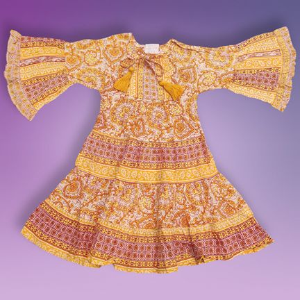 4-5 Year Gaby Crystal Yellow Printed Cotton Girls Dress 34" Long Jalabiya