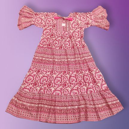 8-9 Year Gaby Crystal Red Printed Cotton Girls Dress 42" Long Jalabiya
