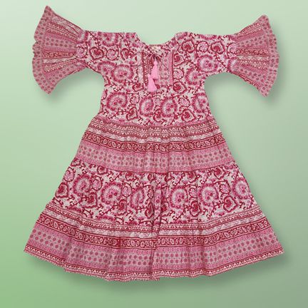 10-11 Year Gaby Crystal Red Printed Long Girls Dress 46" Long Jalabiya