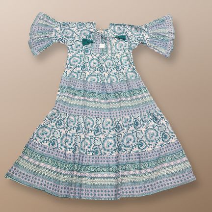 10-11 Year Gaby Crystal Green Printed Cotton Girls Dress 46" Long Jalabiya