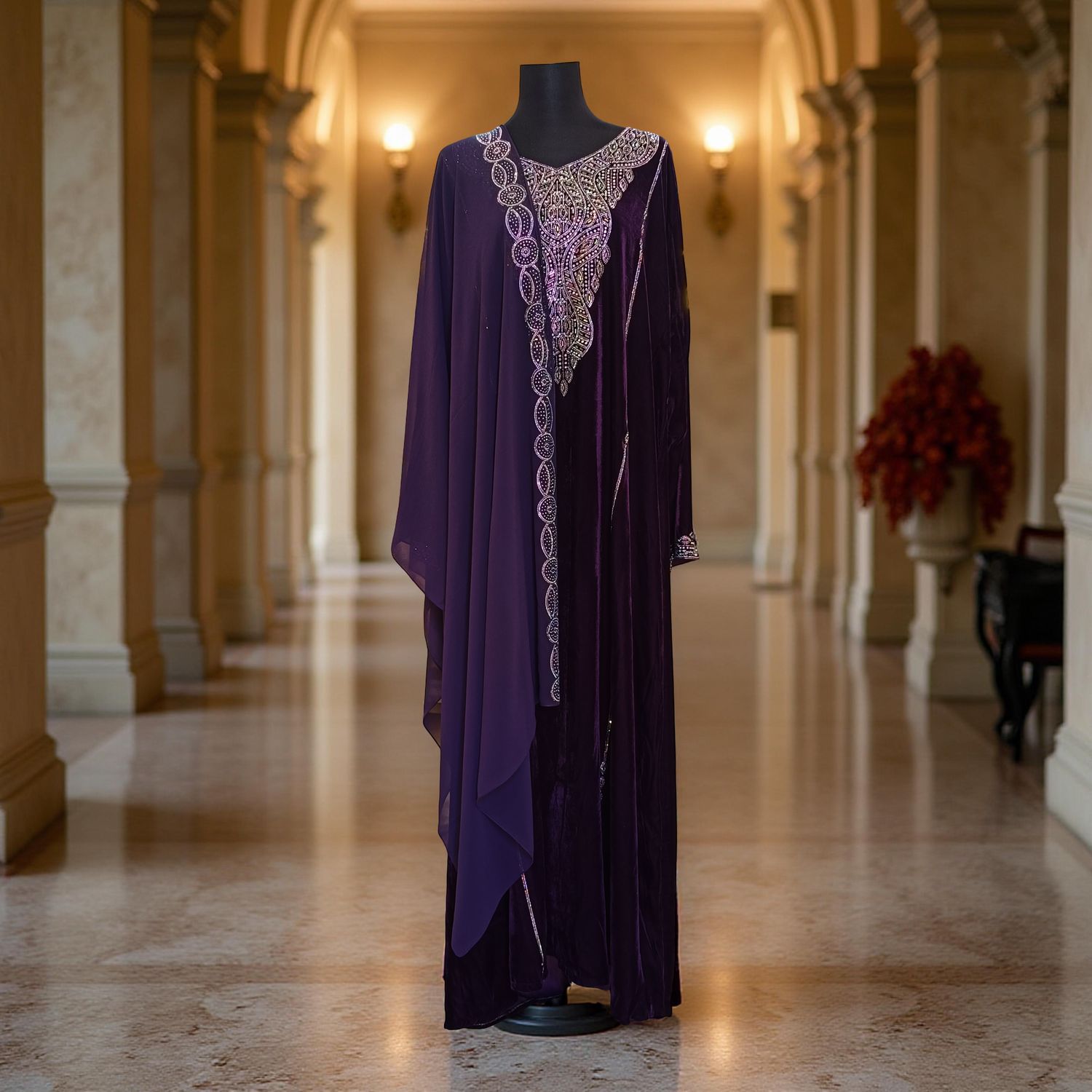 L-XL Velvet Mukhawar Dress 56" Long Jalabiya With Sheila